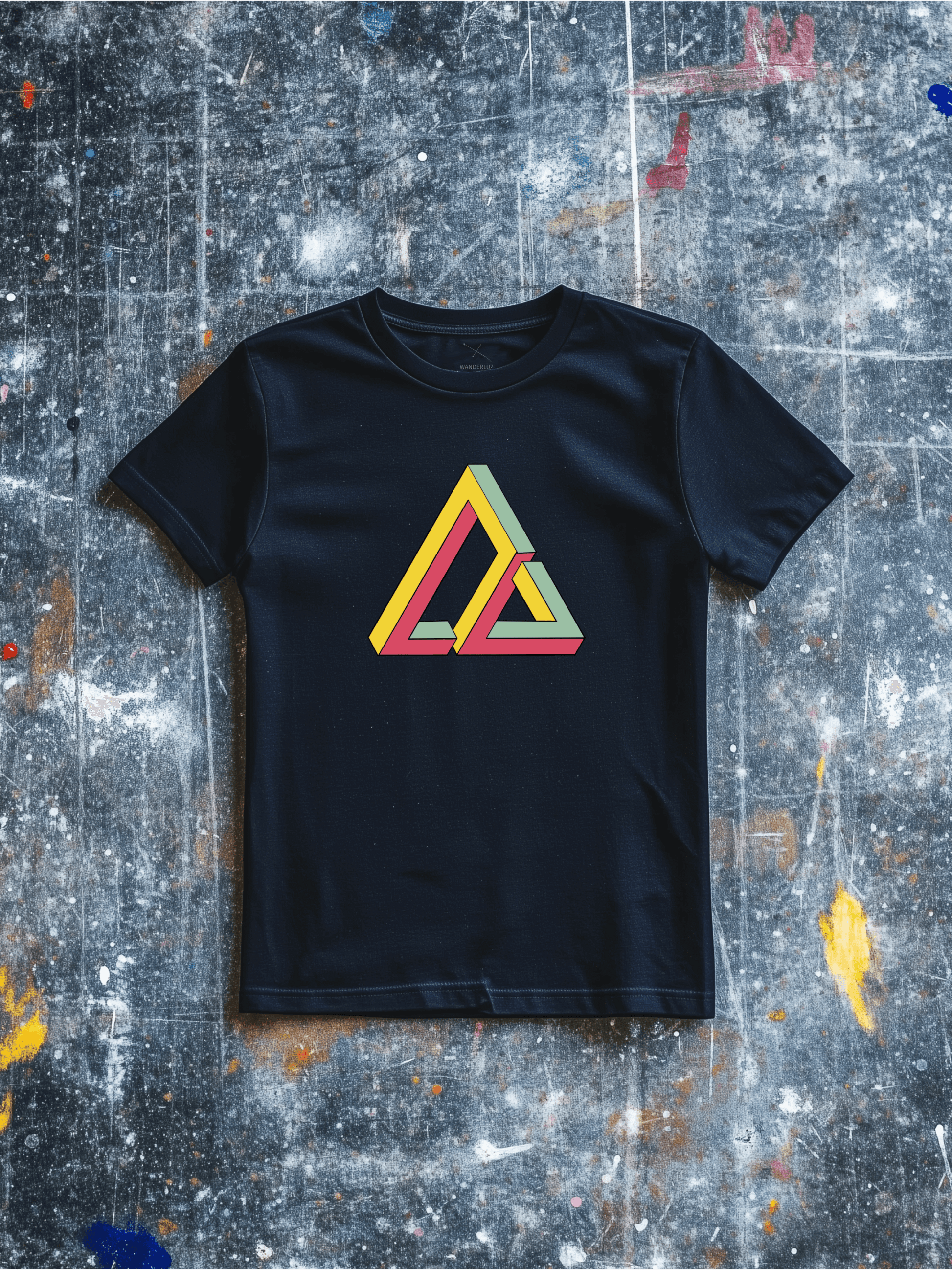 Black shirt with impossible geometry design triangle graphic in yellow, red, and green – Wanderluz