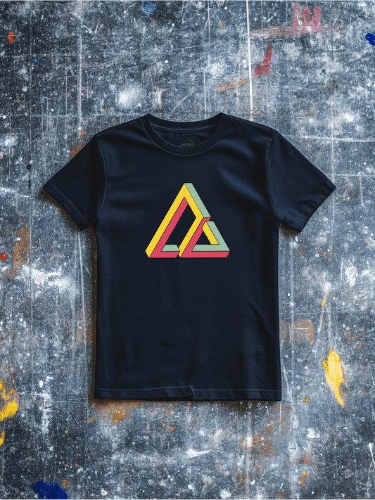 Black shirt with impossible geometry design triangle graphic in yellow, red, and green – Wanderluz