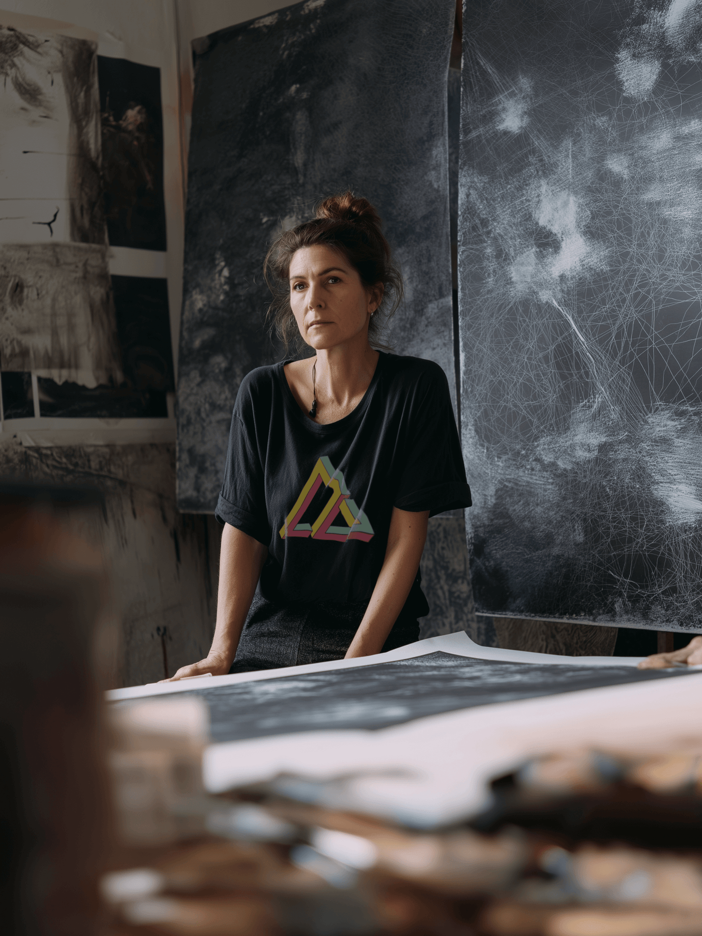 Female artist in studio wearing black shirt with impossible geometry design triangle graphic in yellow, red, and green – Wanderluz