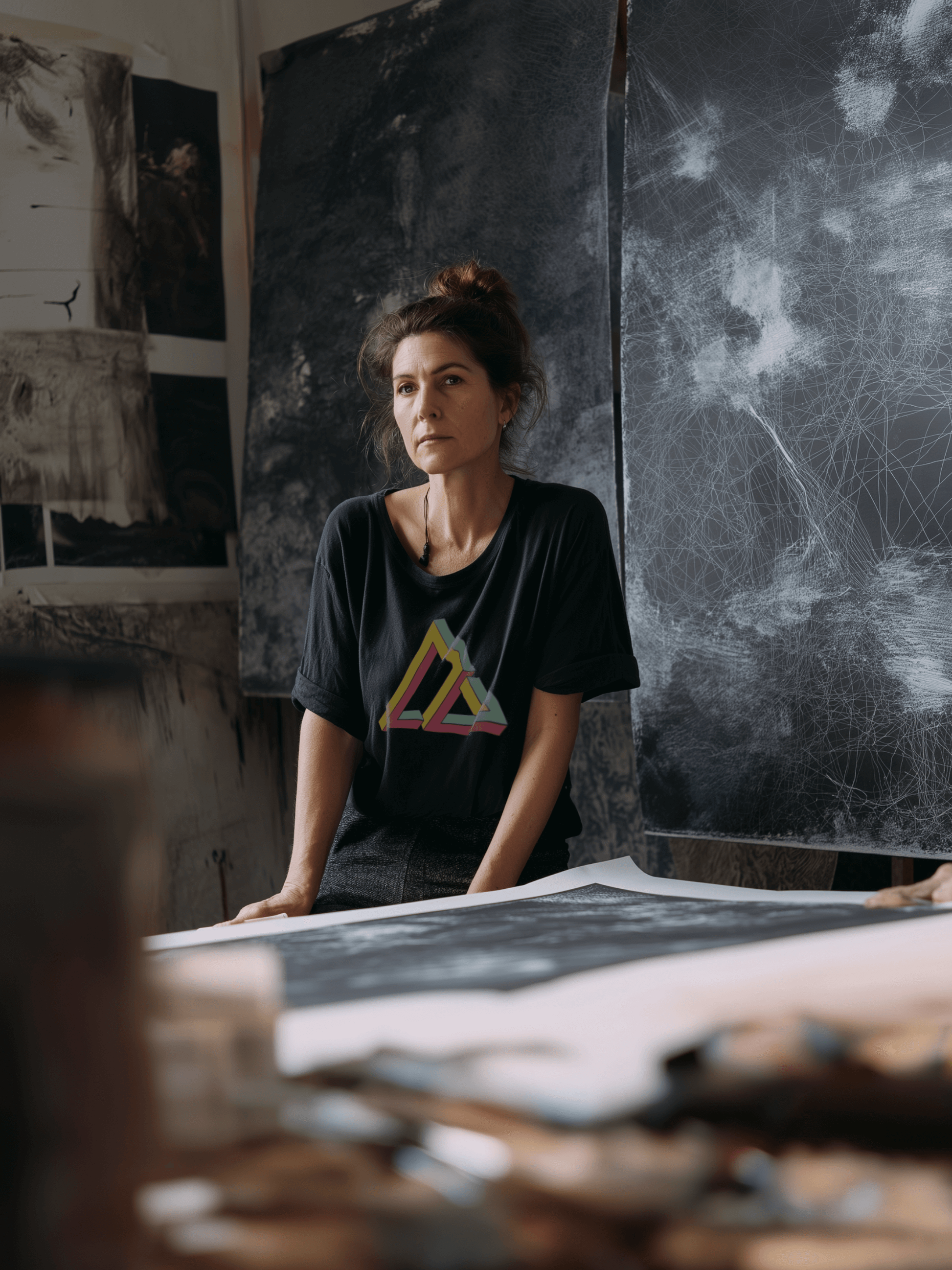 Female artist in studio wearing black shirt with impossible geometry design triangle graphic in yellow, red, and green – Wanderluz