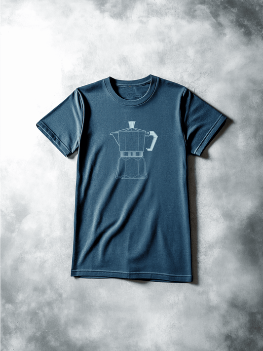 Dark slate blue shirt with graphic drawing of a coffee percolator – Wanderluz
