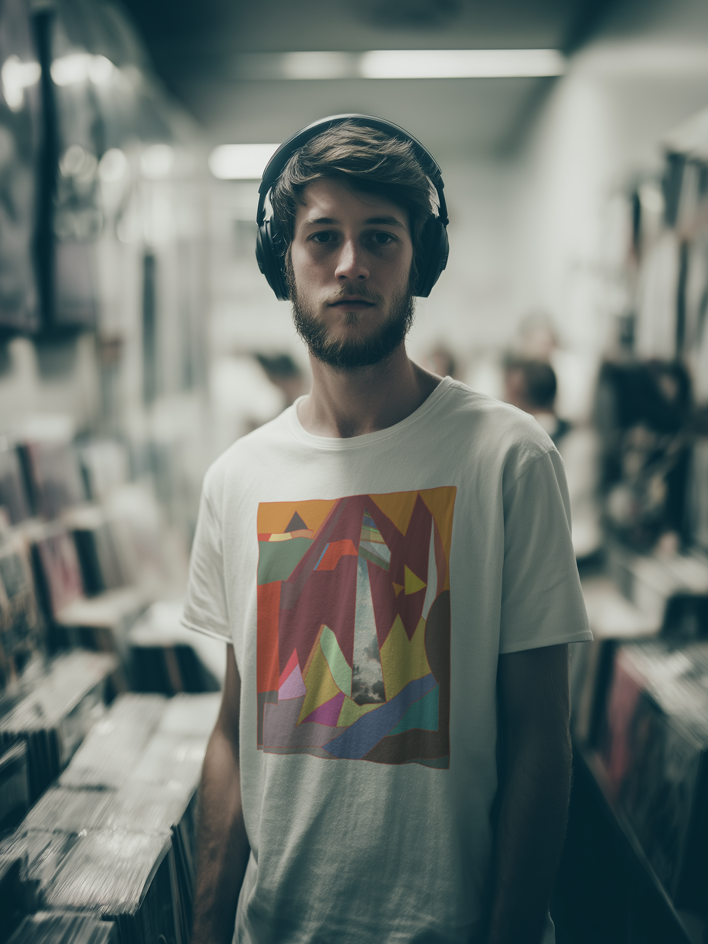 Male at record shop wearing a white shirt with abstract colorful geometric design – Wanderluz