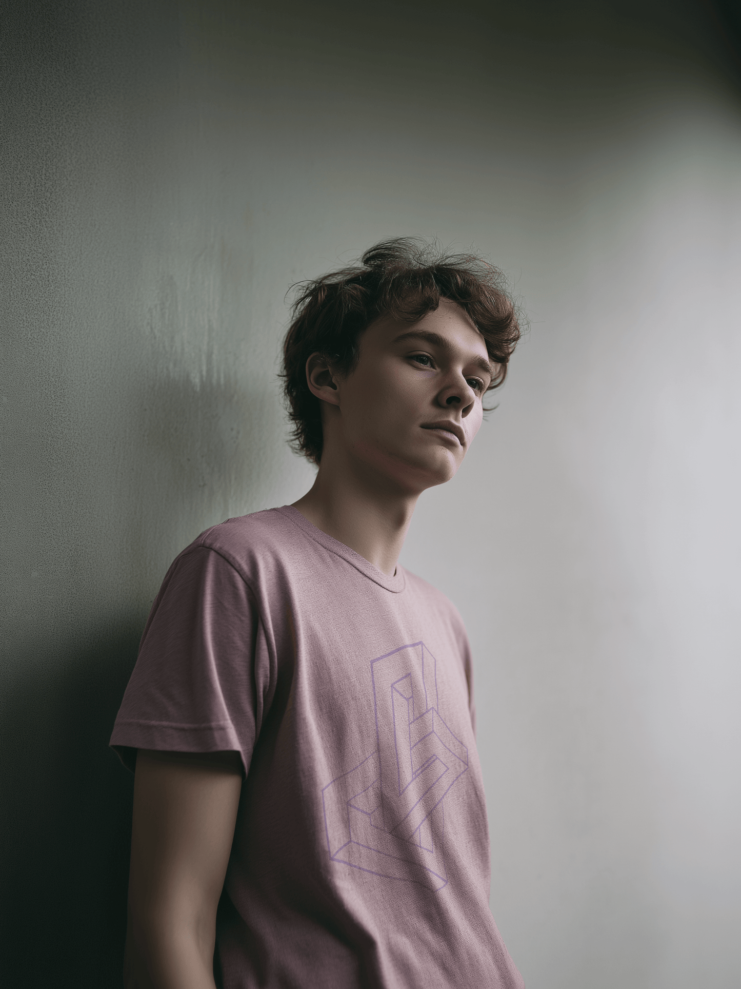 Male standing wearing organic cotton pink shirt with impossible geometry design in lavender – Wanderluz