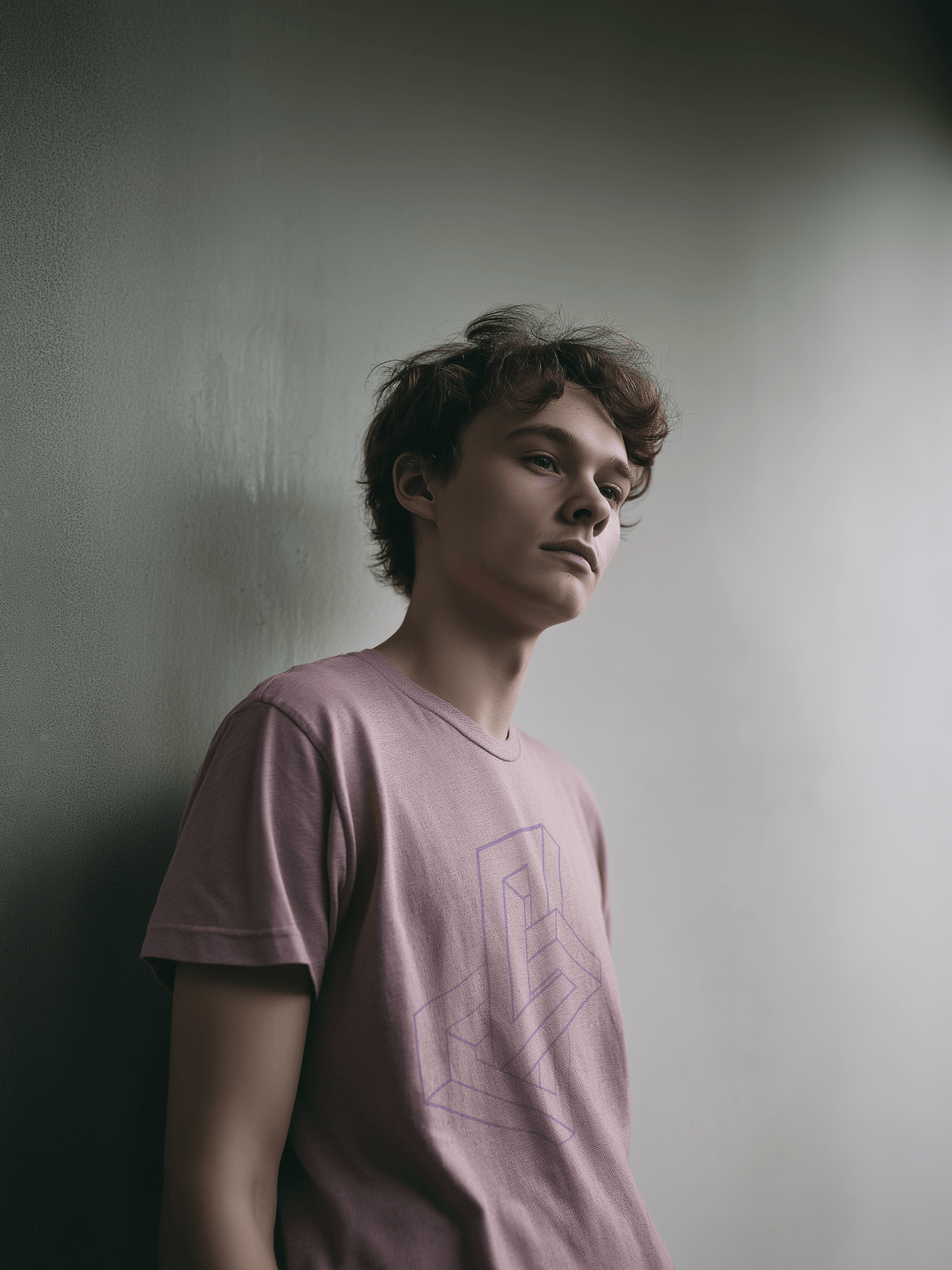 Male standing wearing organic cotton pink shirt with impossible geometry design in lavender – Wanderluz