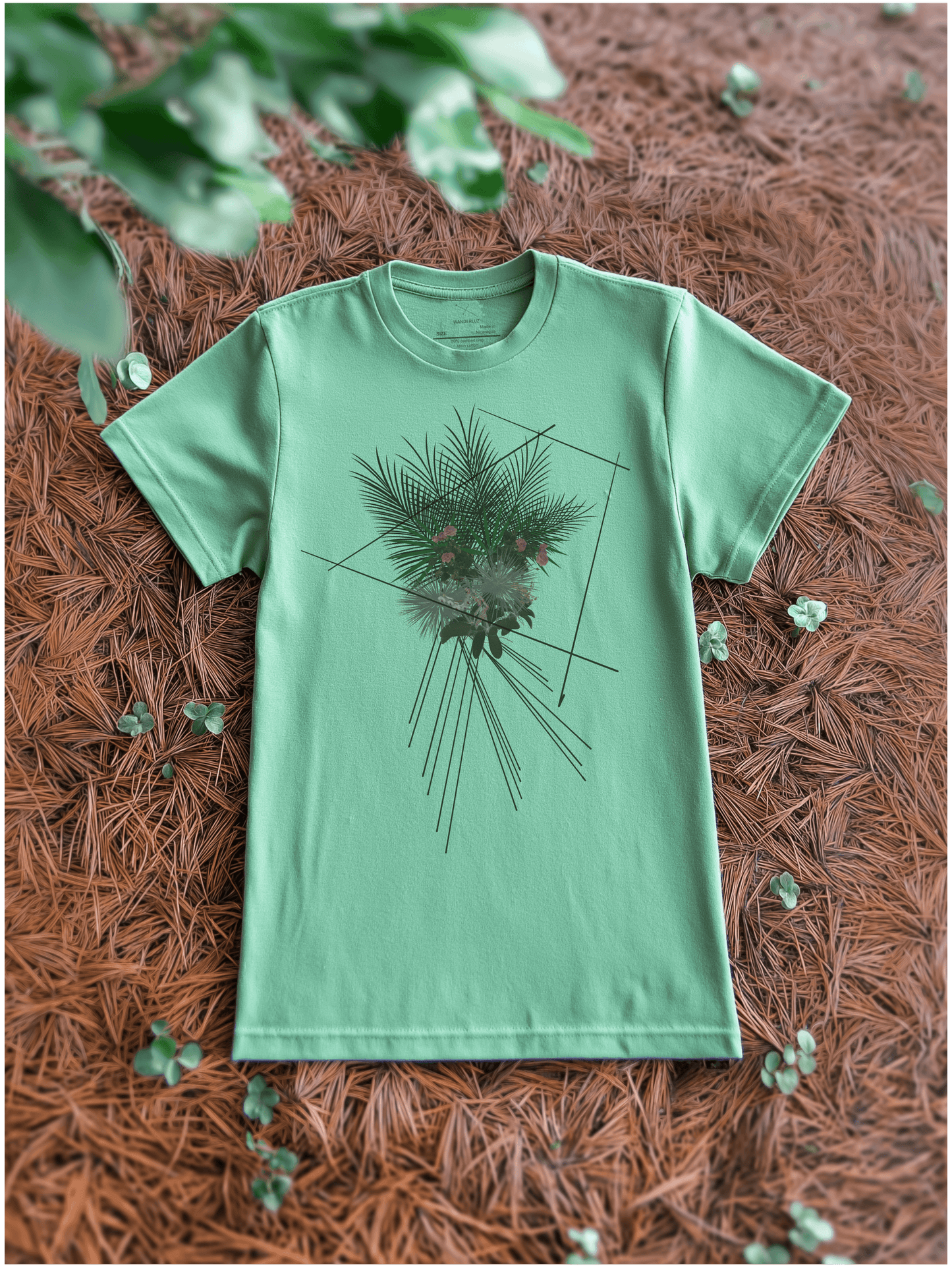 Mint green shirt with abstract drawing of a tropical bouquet of plants and linear motif – Wanderluz