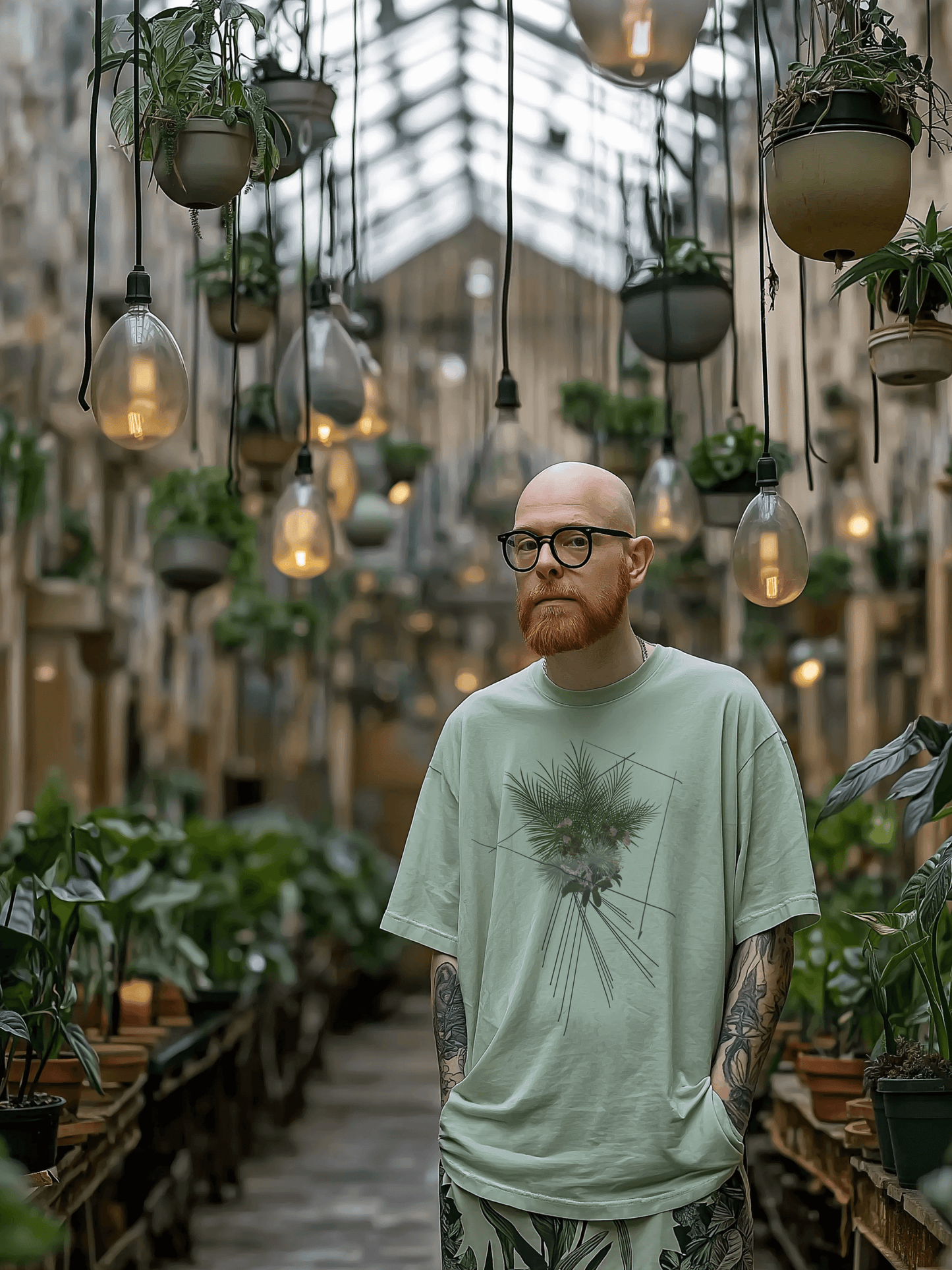 Male in a plant store wearing mint green shirt with abstract drawing of a tropical bouquet of plants and linear motif – Wanderluz