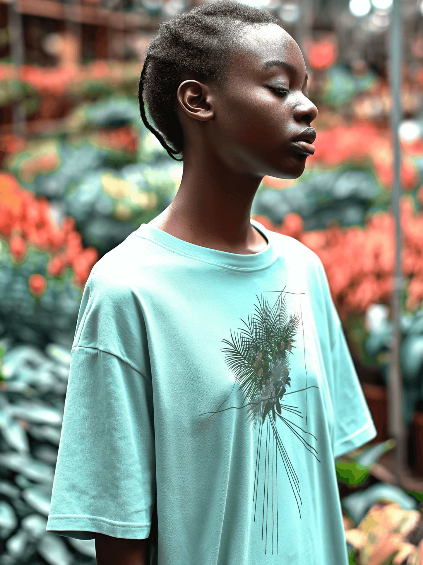 Young female at a plant store wearing mint green shirt with abstract drawing of a tropical bouquet of plants and linear motif – Wanderluz
