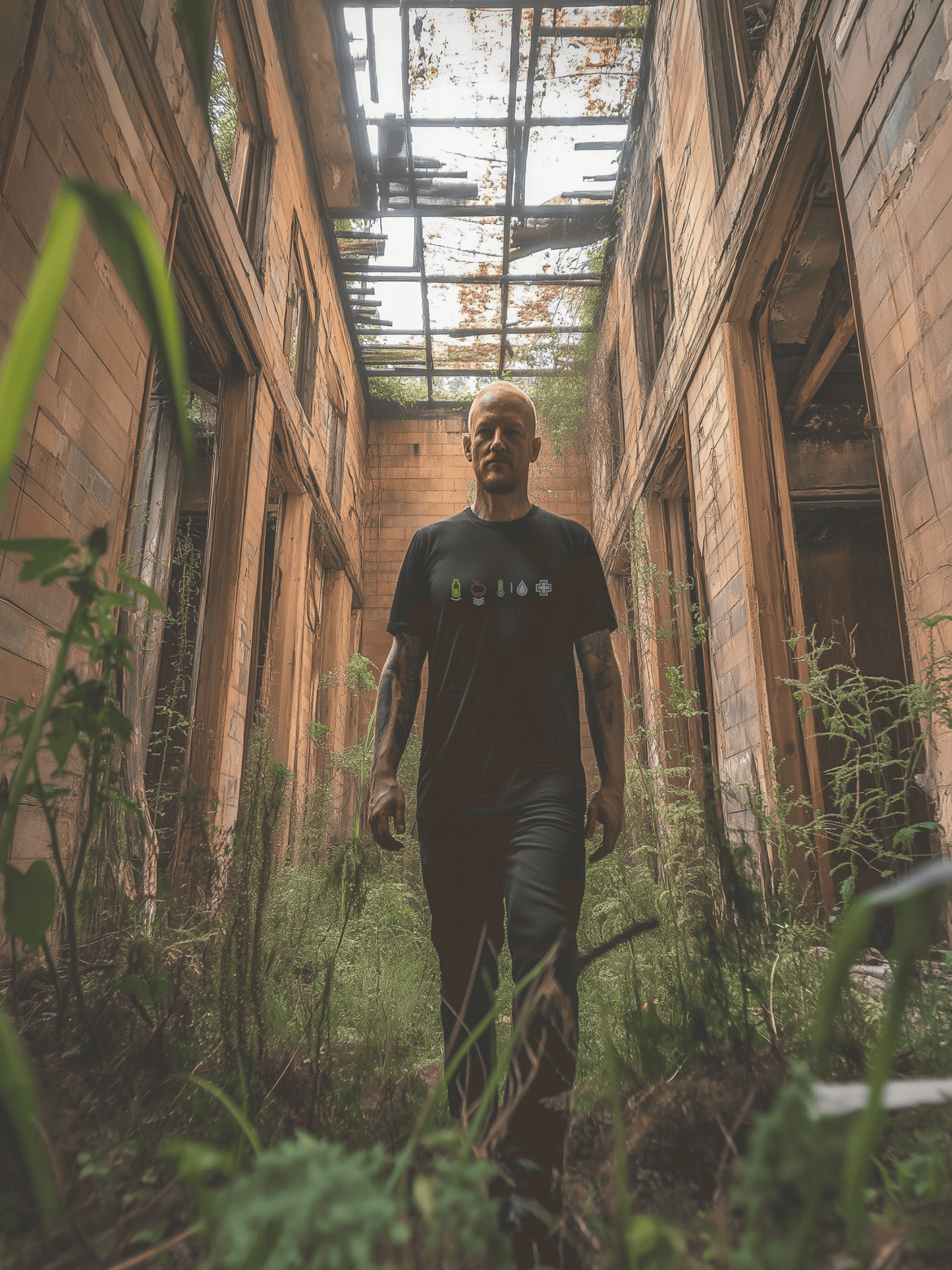 Male in an abandoned building wearing black vintage colored shirt with minimal dayz vitals symbols– Wanderluz
