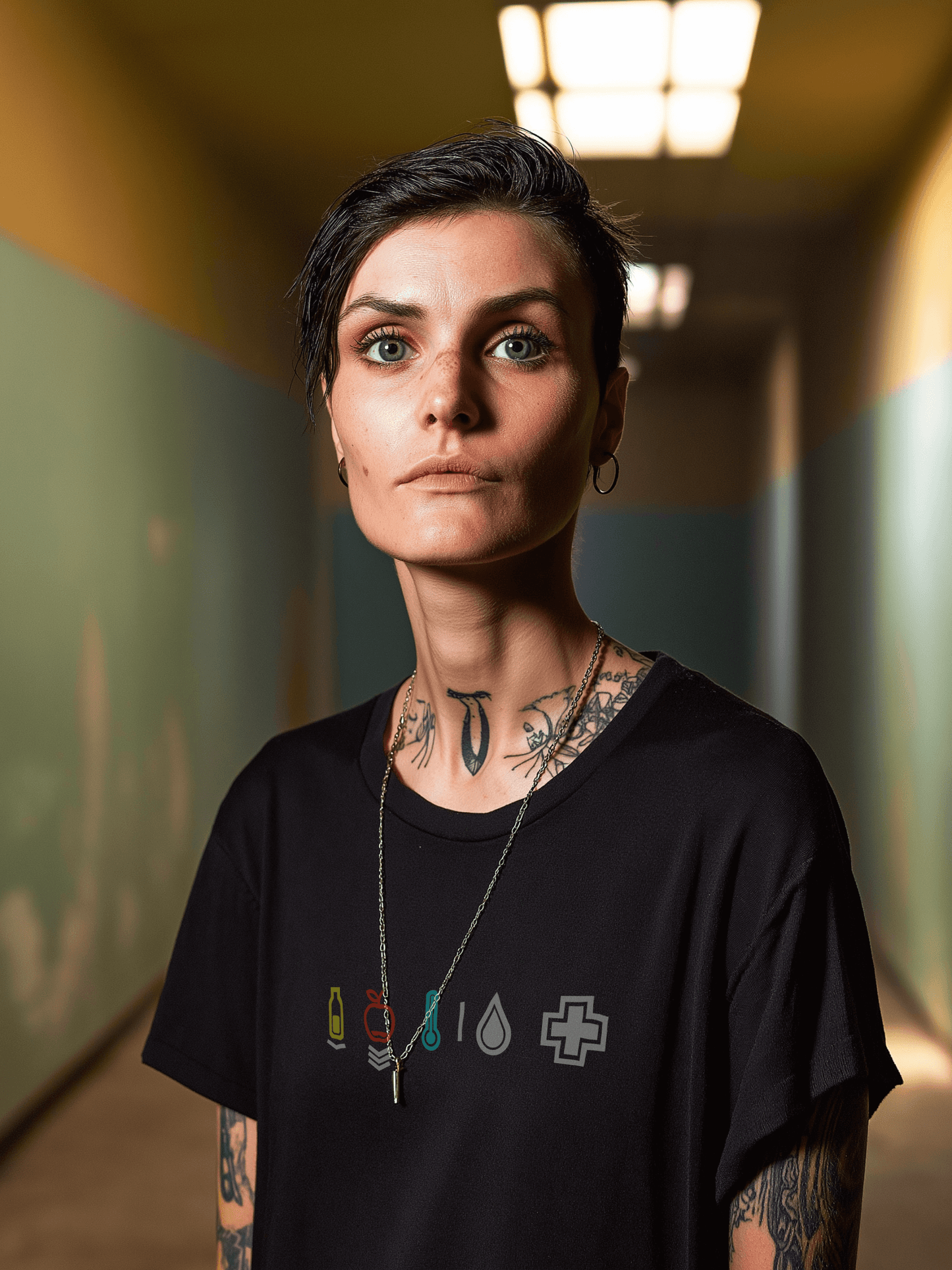 Female in an abandoned hospital wearing black vintage colored shirt with minimal dayz vitals symbols – Wanderluz