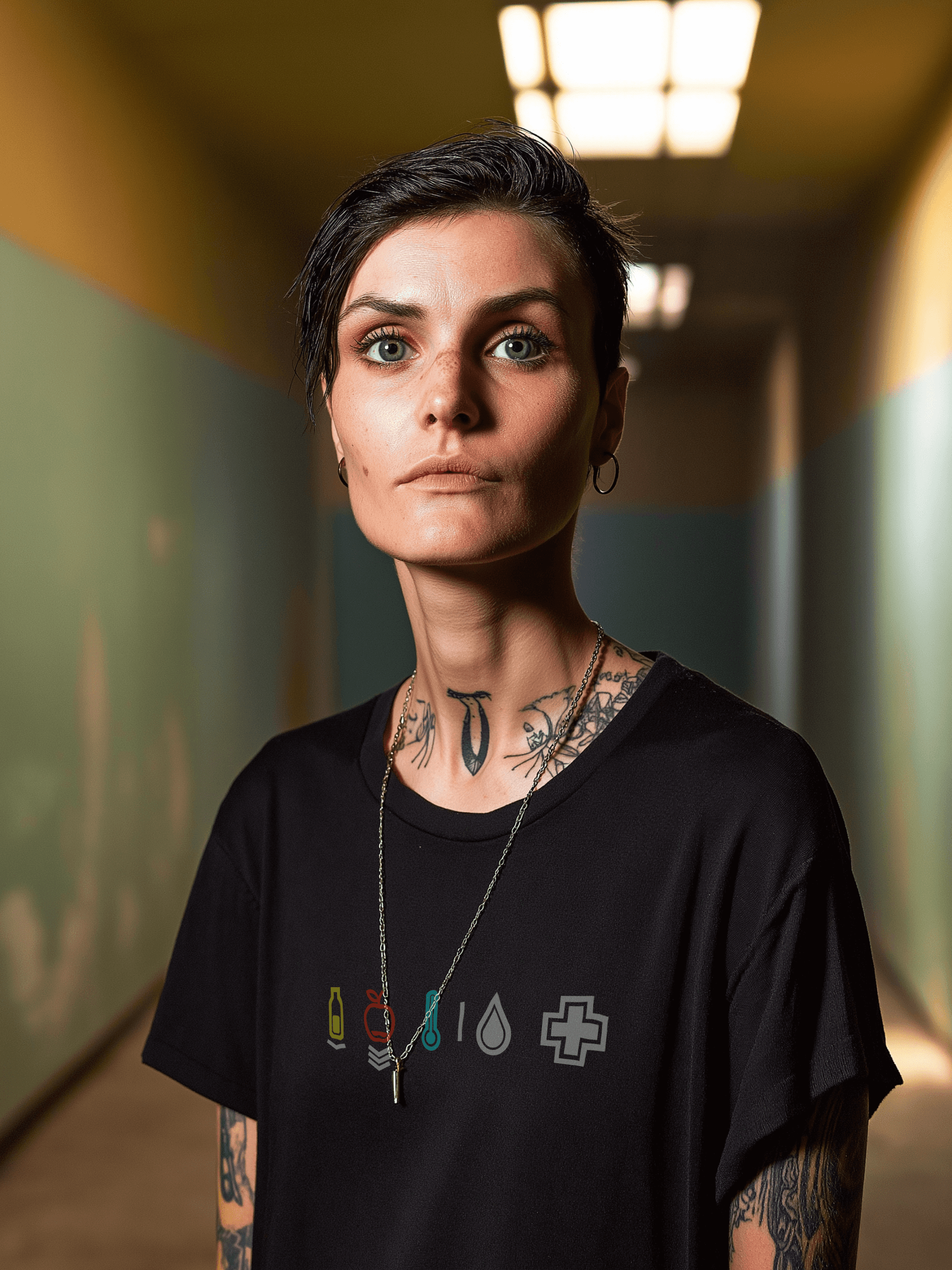 Female in an abandoned hospital wearing black vintage colored shirt with minimal dayz vitals symbols – Wanderluz