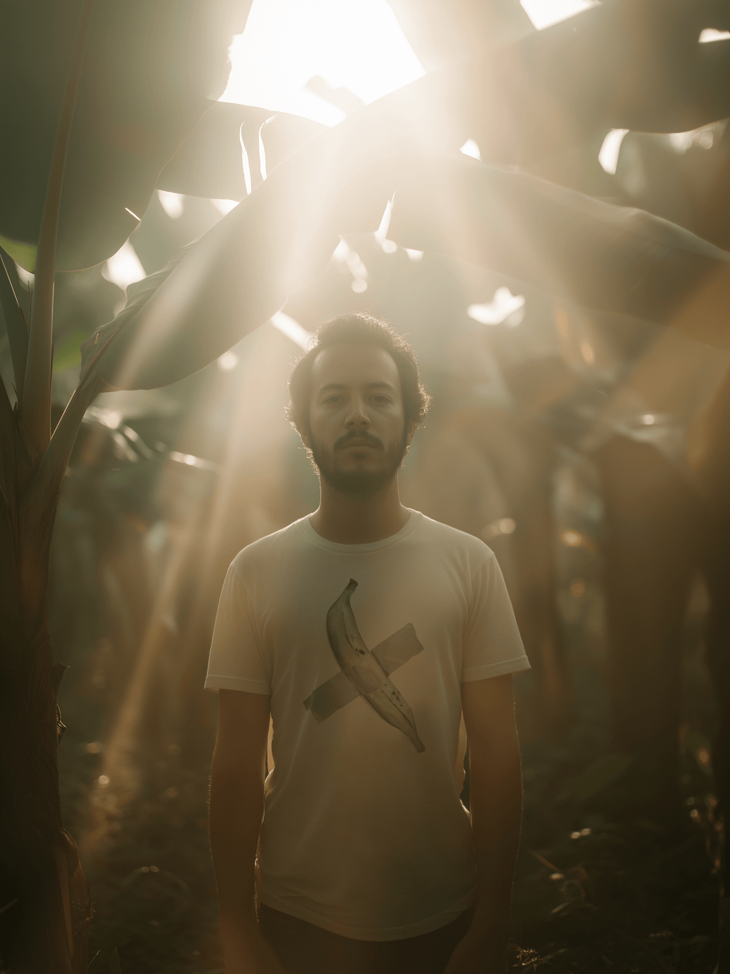 Male in a plantain field wearing a light beige shirt with a drawing of a plantain duct taped to chest – Wanderluz