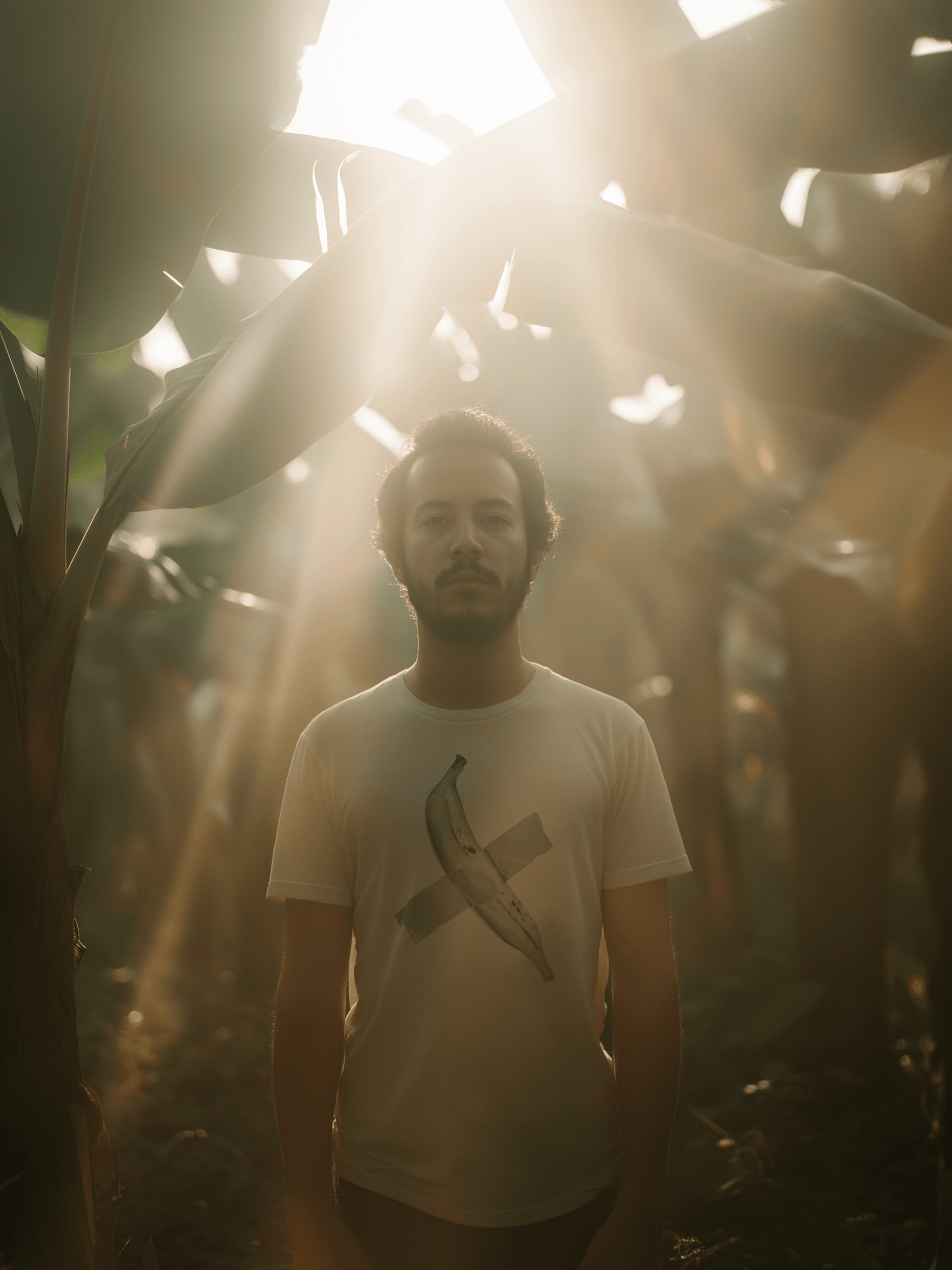 Male in a plantain field wearing a light beige shirt with a drawing of a plantain duct taped to chest – Wanderluz