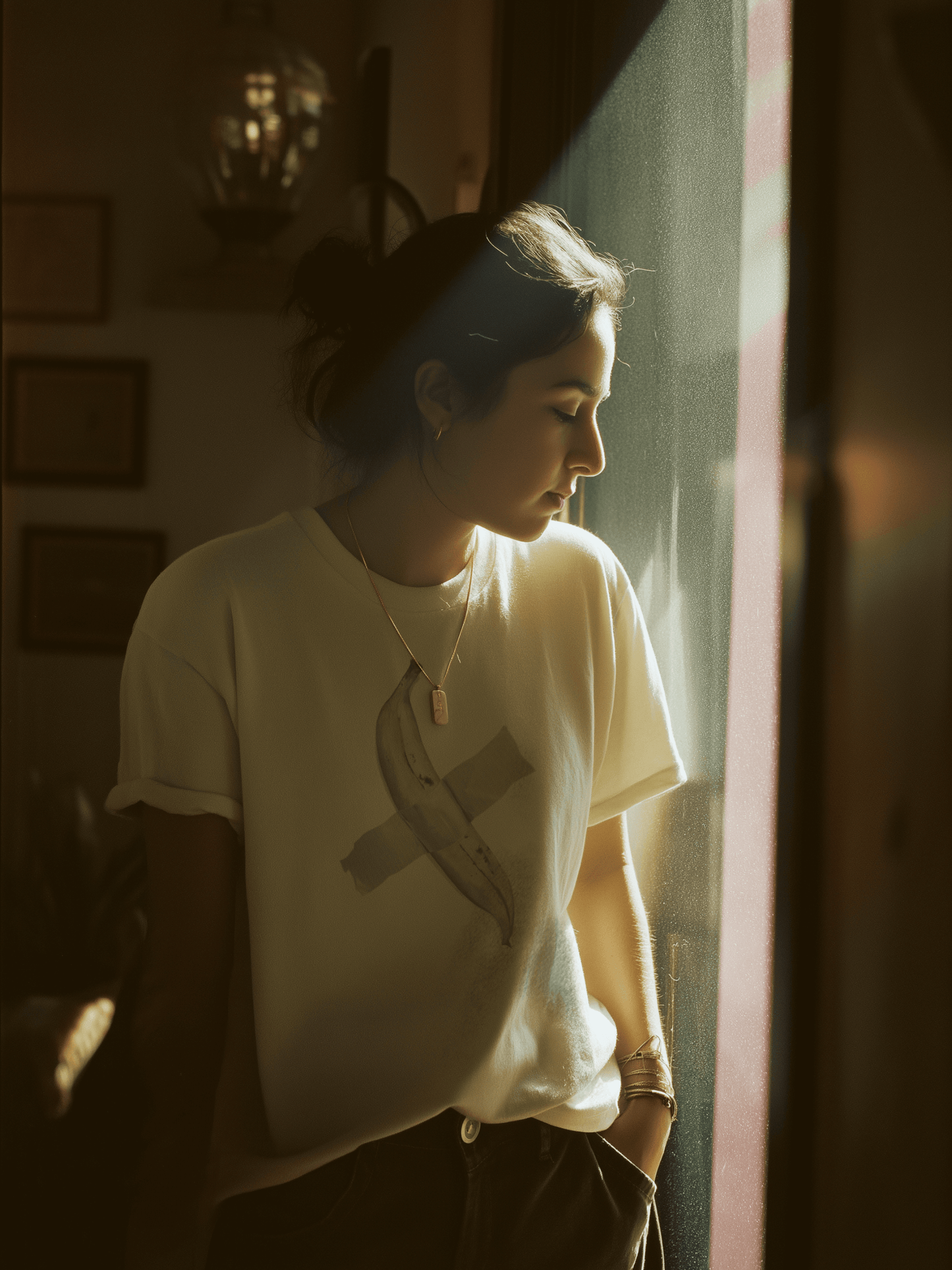 Female wearing a light beige shirt with a drawing of a plantain duct taped to chest – Wanderluz